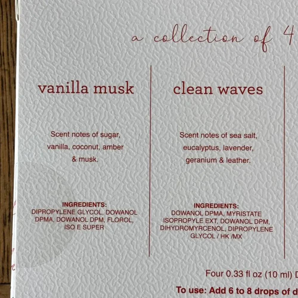 Sand + Fog Fragrance Diffuser Oil 4 pk Vanilla Clean Waves White Cotton CA Beach
